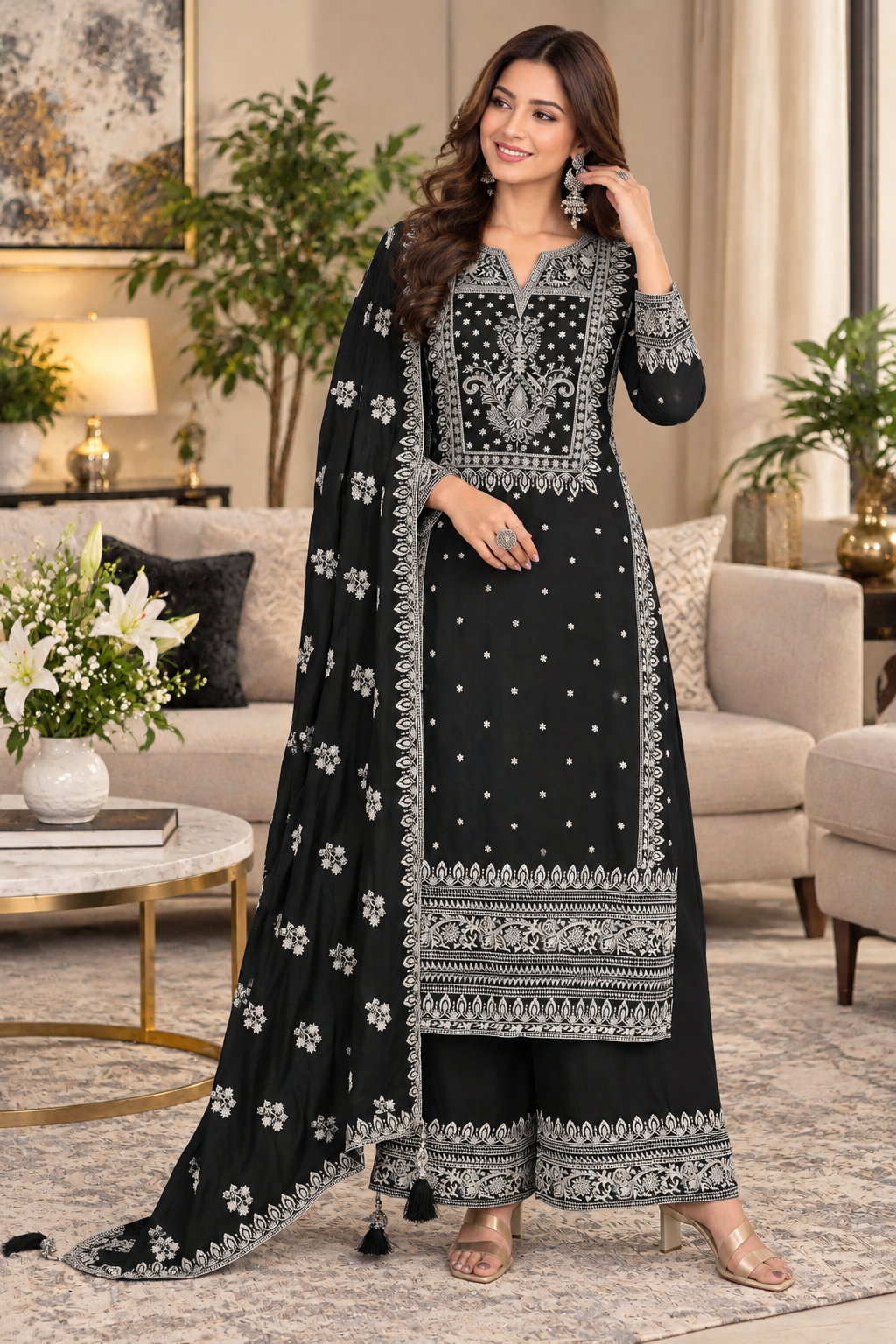 Pakistani Look Heavy Chinon Sequence Embroidery Wonderful Semi-Stitched Salwar Suit Material
