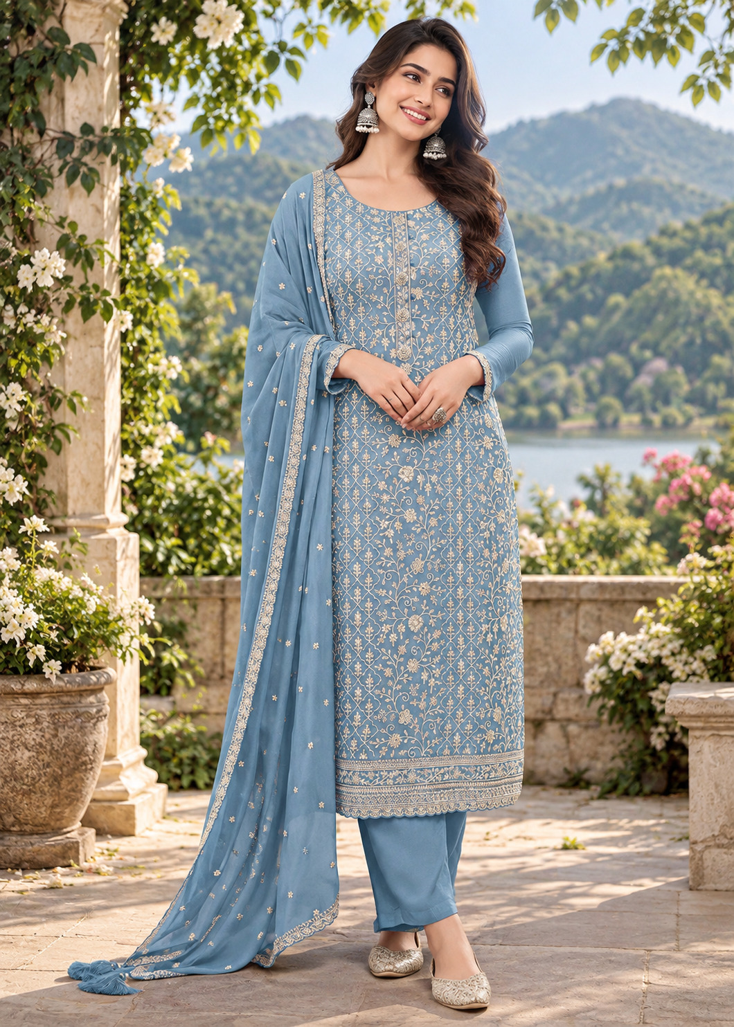 Fancy Look Women Pakistani Suit Vichitra Silk Sequence Embroidery Wonderful Semi-Stitched Salwar Suit Material