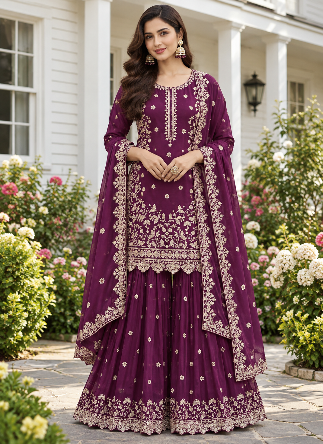 Exclusive And Designer Chinon Coding Sequence Embroidery Work Wonderful Semi-Stitched Sharara Suit