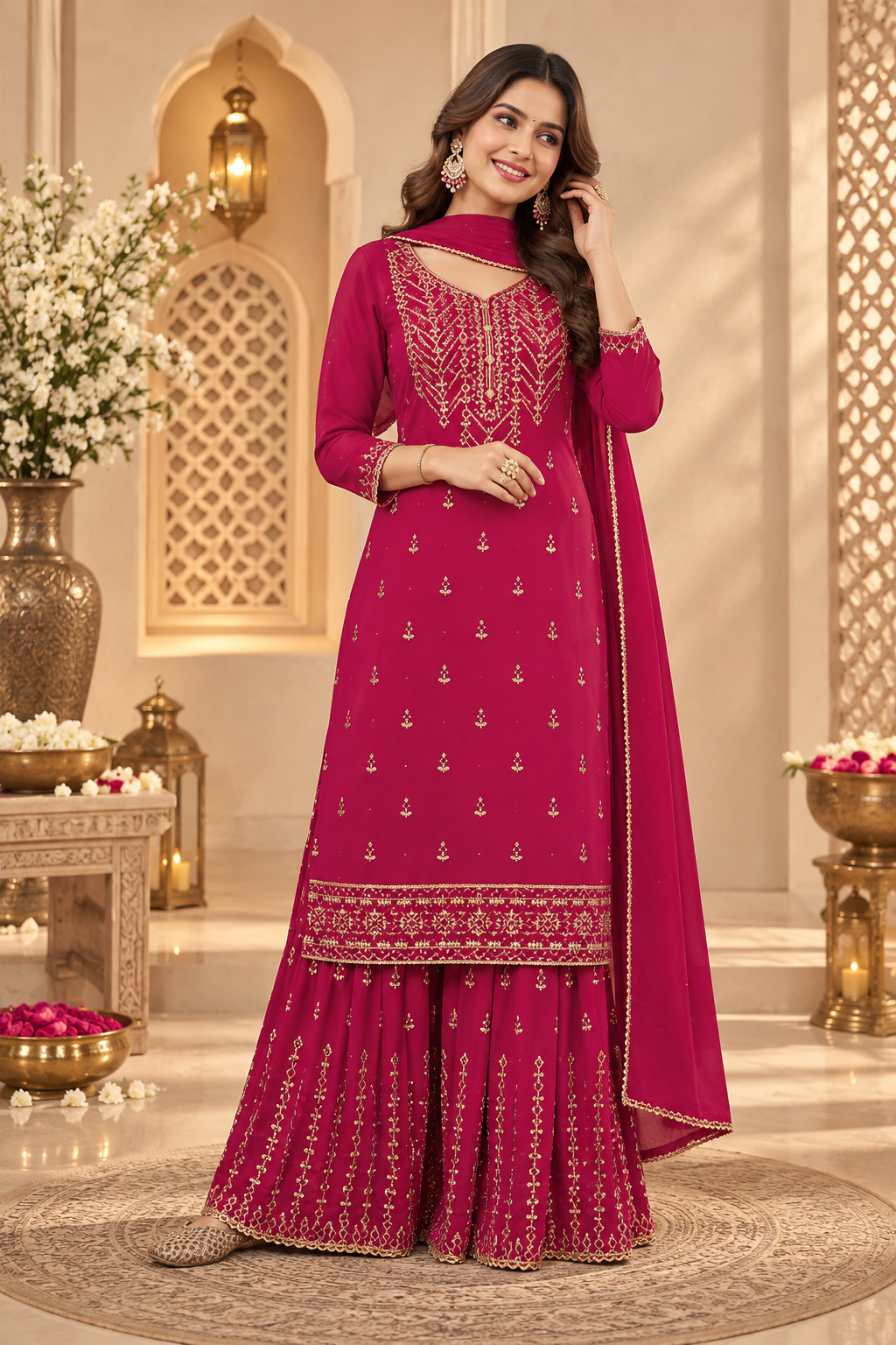 Pakistani Women's Light Weight Georgette Zari Embroidered Semi-Stitched Sharara Suit