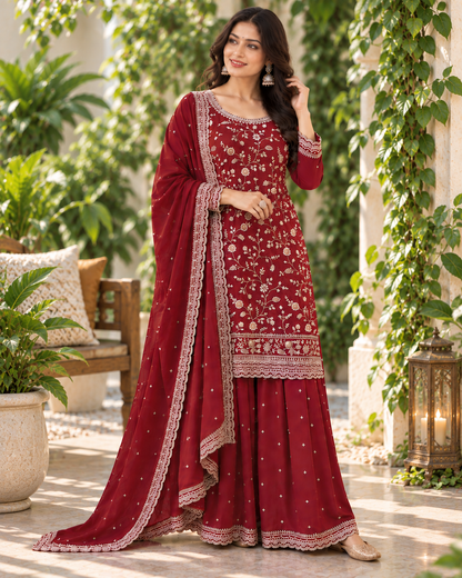 Beautiful Vichitra Silk Sequence Embroidery Multi Purpose Semi-Stitched Pakistani Sharara Suit Material