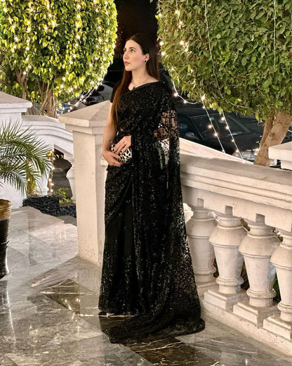Indian Designer Sari Bollywood Wear Georgette Saree With Unstitched Blouse, Wedding Party Sari Beautiful Saree Blouse For Women