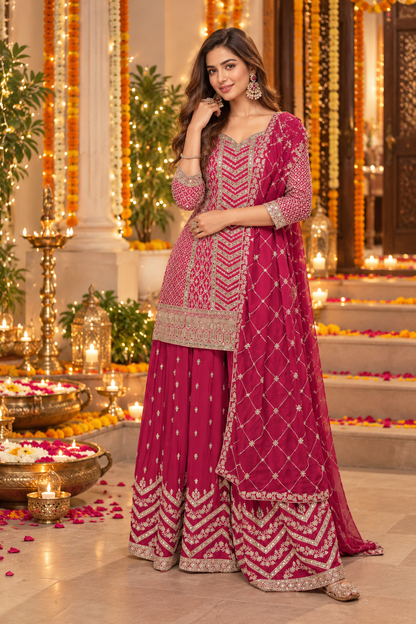 Festival Wear Heavy Chinon Sequence Embroidery Beautiful Semi-Stitched Sharara Suit Material Pakistani Salwar Suit Material