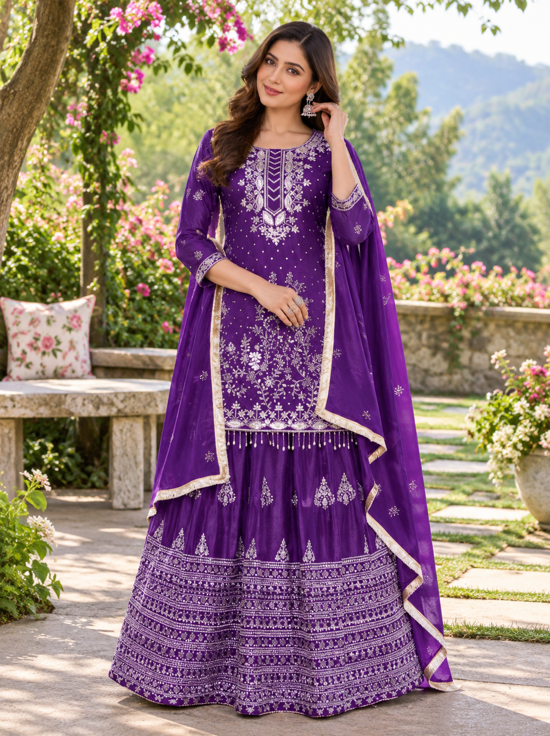 New Arrival Vichitra Silk Embroidered Un-Stitched Beautiful Sharara Suit