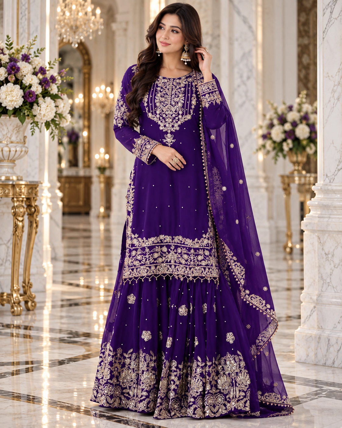 Function Wear Chinon Coding Sequence Embroidery Work Wonderful Semi-Stitched Sharara Suit