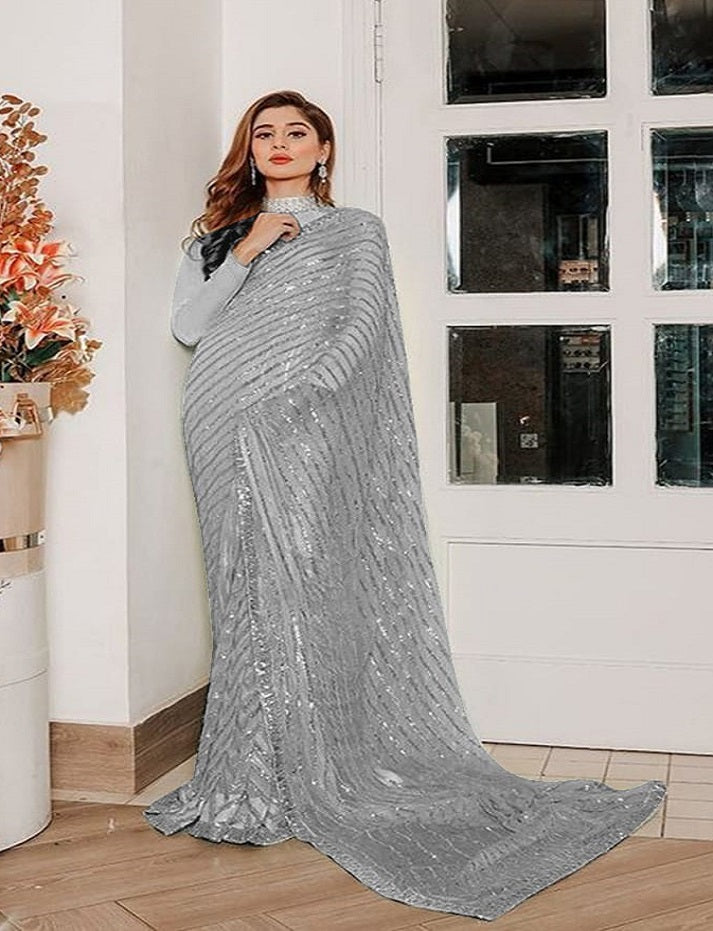 Grey Bollywood Celebrity Style Designer Sequence Lace Border Saree Indian Wedding Beautiful Saree Customize Silk Blouse With Ready To Wear Saree