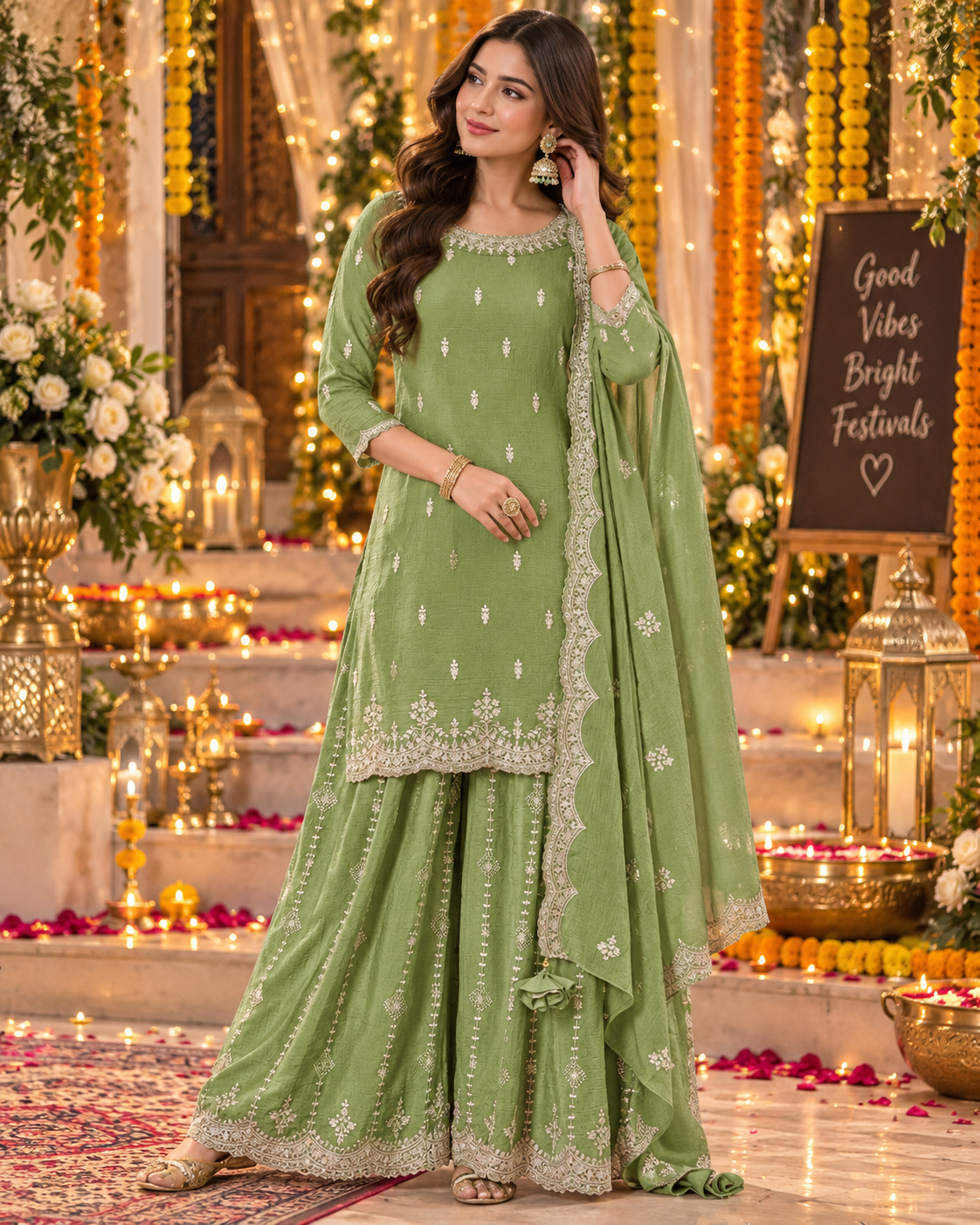 Premium Chinon Sequence Embroidery Multi Purpose Semi-Stitched Sharara Suit Pakistani Dress for Women