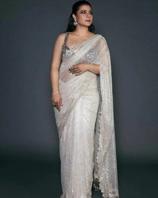 White Saree New Indian Designer Wedding Georgette Party Wear Sari Bollywood