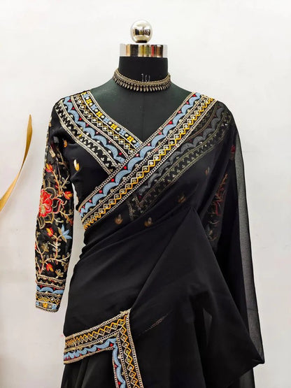 Most beautiful latest Black Deisginer Reception saree with Beautiful Embroidery work on border with Beautiful Embroidery work Unstiched blouse