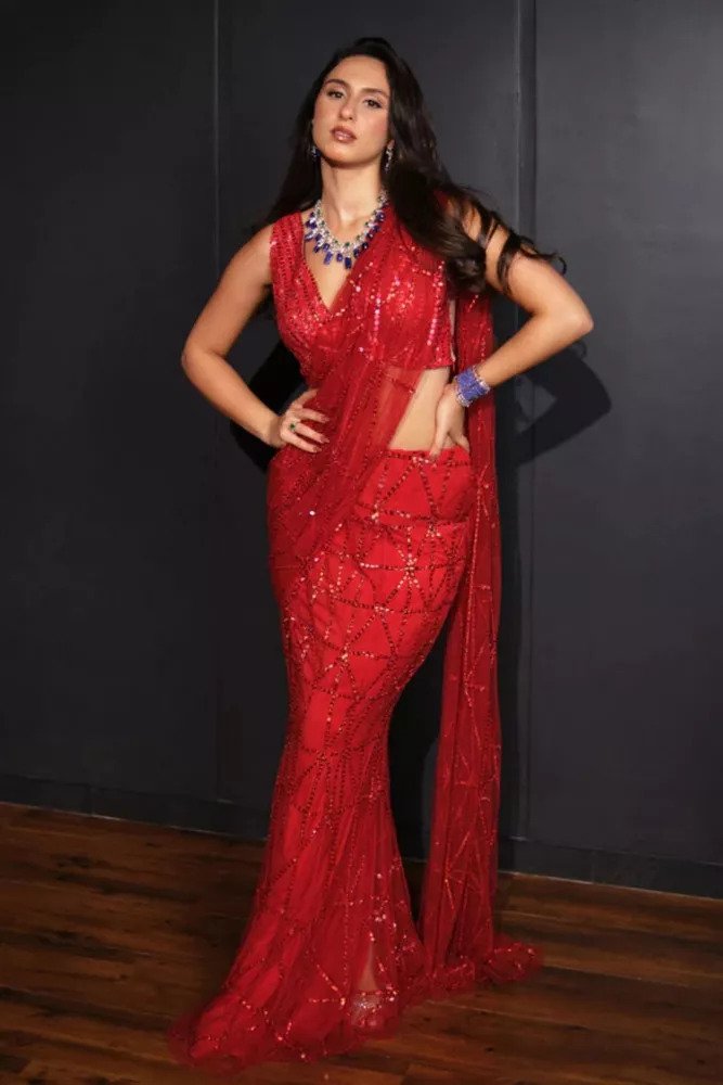 Red Color Sequence Saree for Bollywood Party and Reception Night With Blouse
