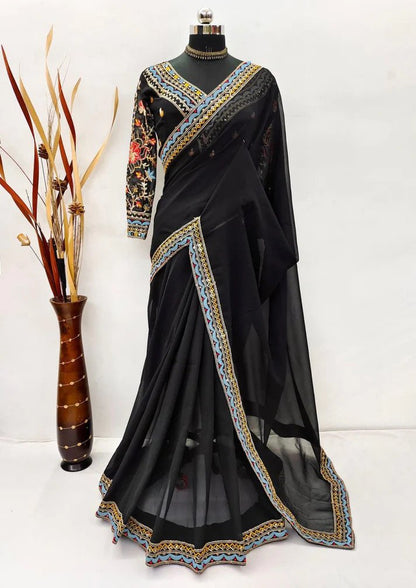 Most beautiful latest Black Deisginer Reception saree with Beautiful Embroidery work on border with Beautiful Embroidery work Unstiched blouse