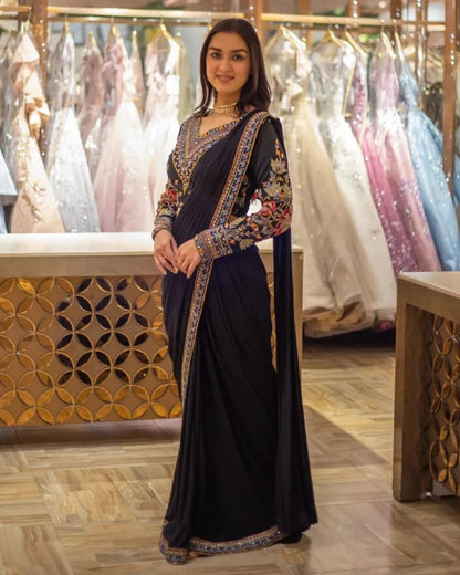 Most beautiful latest Black Deisginer Reception saree with Beautiful Embroidery work on border with Beautiful Embroidery work Unstiched blouse