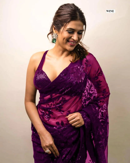 Party Wear Georgette Sequence Worked Designer Saree With Beautiful Blouse Piece