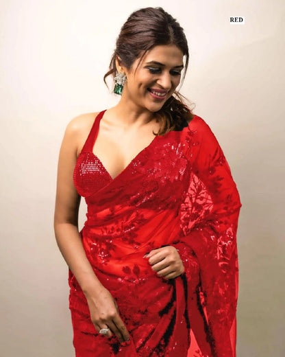 Party Wear Georgette Sequence Worked Designer Saree With Beautiful Blouse Piece