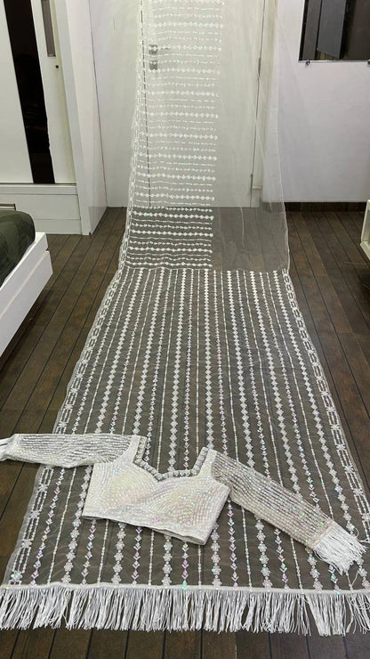 White Colour Premium Net With Fancy Milky Rainbow Sequence & Thread Work,Jhalar Border Work Saree For Women,Party Wear Saree,Designer Saree