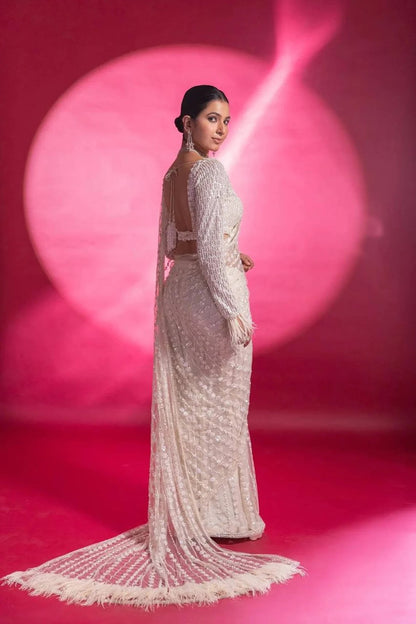 White Colour Premium Net With Fancy Milky Rainbow Sequence & Thread Work,Jhalar Border Work Saree For Women,Party Wear Saree,Designer Saree