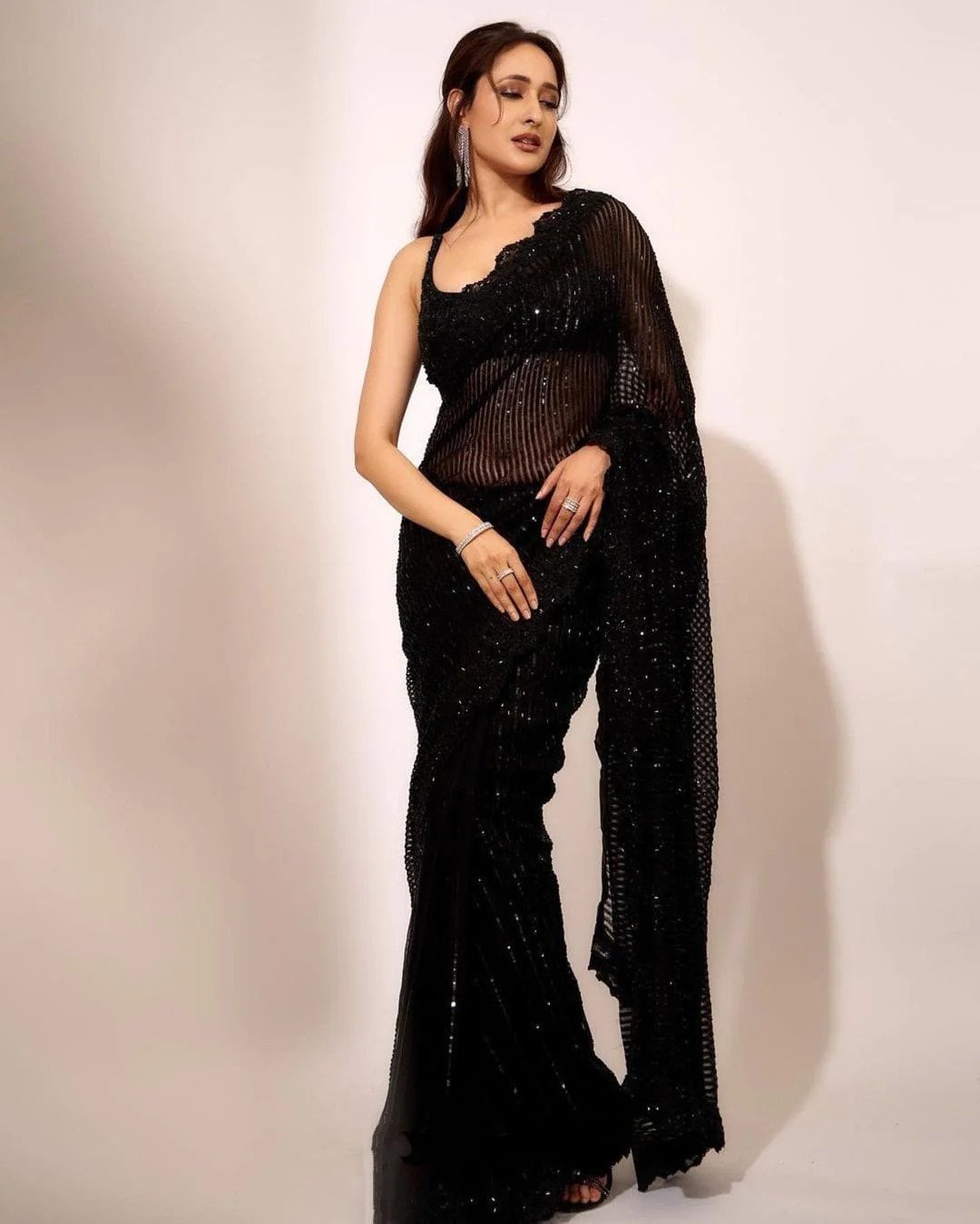 Bollywood Style Black Georgette Thread Sequin Work Saree For Party Wear