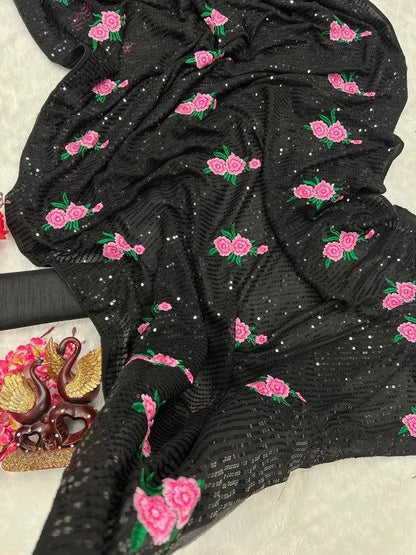 Gorgeous Black Sequin Multi Thread Embroidered Party Wear Saree With Unstitched Blouse