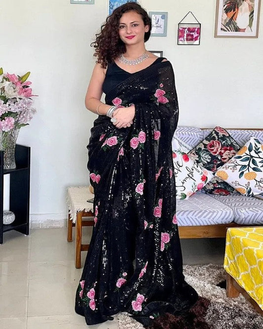 Gorgeous Black Sequin Multi Thread Embroidered Party Wear Saree With Unstitched Blouse