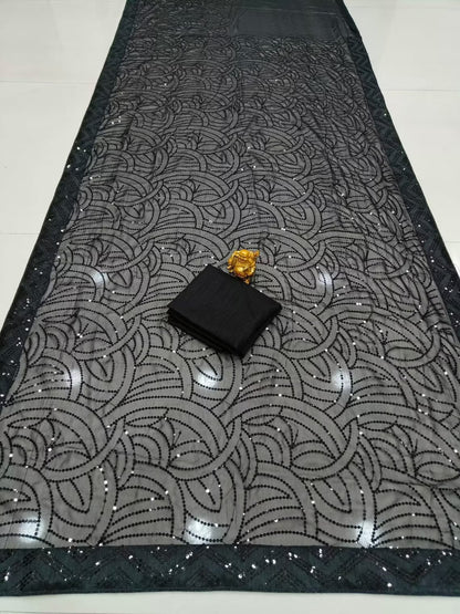 Gorgeous Black Georgette Heavy Sequin work Party Wear Saree