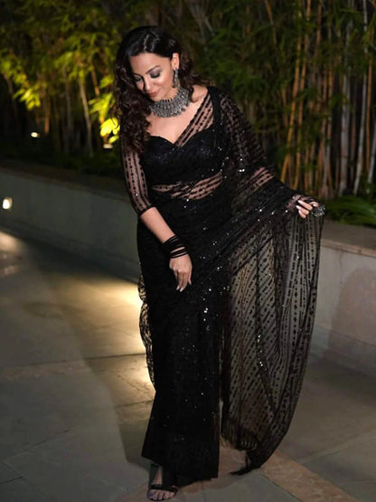 Black Saree Color With Sequence Work Bollywood Saree for Festival Party Wear Saree