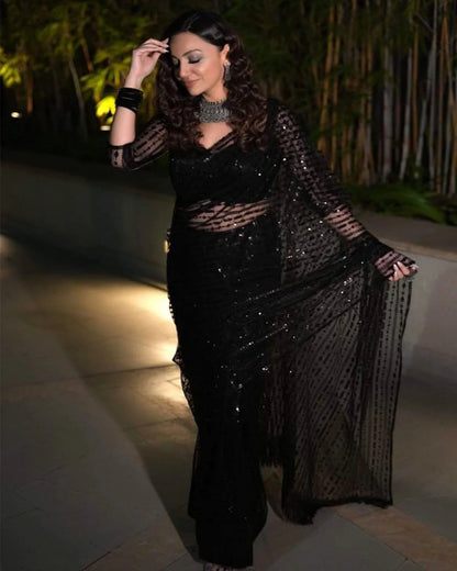 Black Saree Color With Sequence Work Bollywood Saree for Festival Party Wear Saree