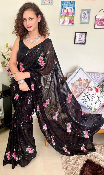 Gorgeous Black Sequin Multi Thread Embroidered Party Wear Saree With Unstitched Blouse