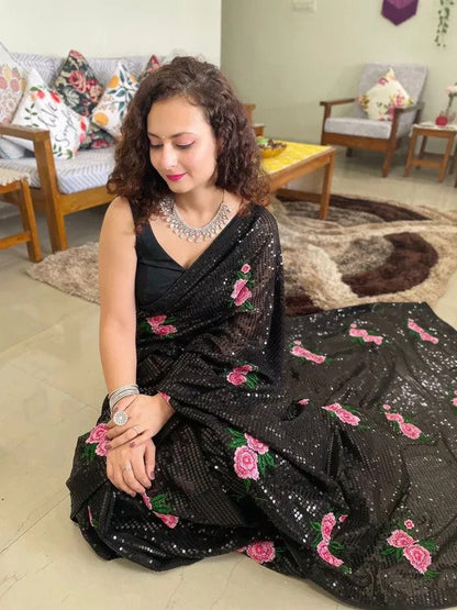 Gorgeous Black Sequin Multi Thread Embroidered Party Wear Saree With Unstitched Blouse