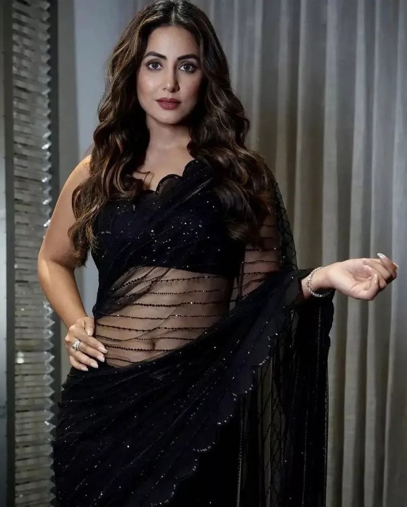 Heena Khan Saree in Black Color With Sequence Work Bollywood Saree for Diwali Party Wear Saree