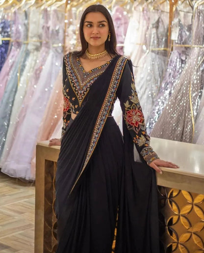 Most beautiful latest Black Deisginer Reception saree with Beautiful Embroidery work on border with Beautiful Embroidery work Unstiched blouse