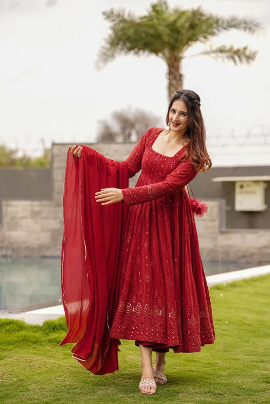 Indian Traditional Red Embroidery Anarkali Kurta Set & Dupatta with Sequin Work, Salwar Kameez Readymade Dresses, Wedding Wear for women