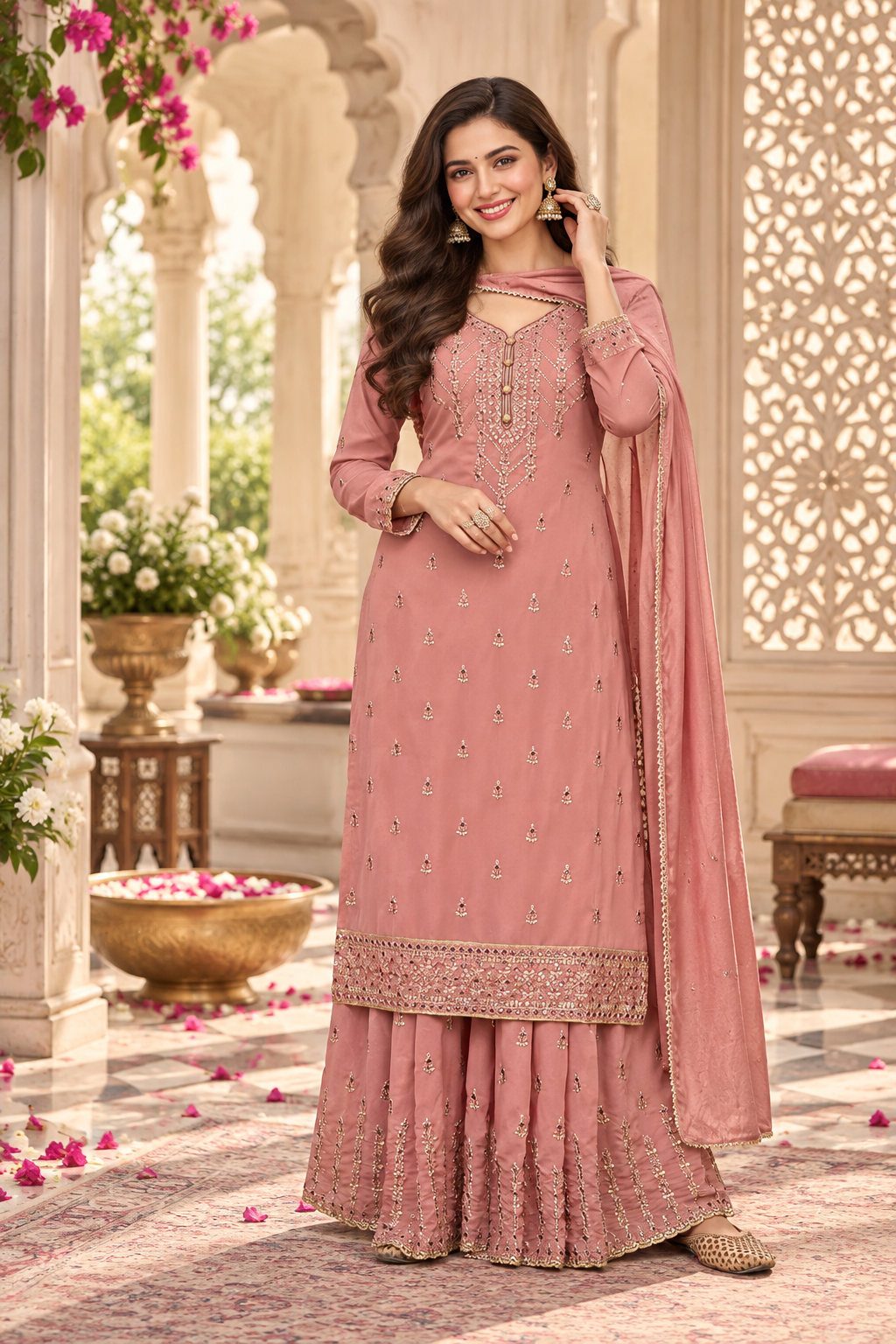 Pakistani Women's Light Weight Georgette Zari Embroidered Beautiful Semi-Stitched Sharara Suit