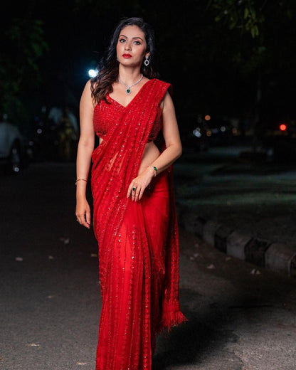 Red Party Wear Sequins Work Saree & Work Blouse Week Special Edition Women Saree