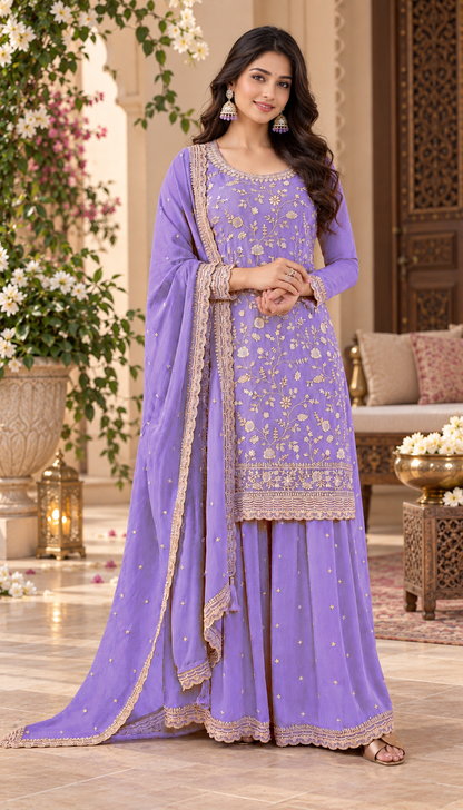 Beautiful Vichitra Silk Sequence Embroidery Multi Purpose Semi-Stitched Pakistani Sharara Suit Material