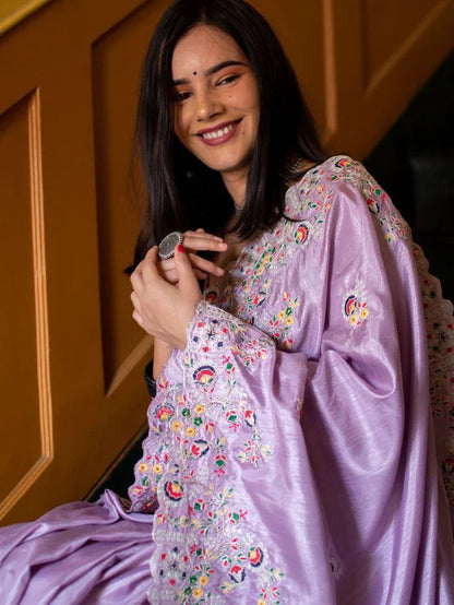 Purple Silk Modal Embroidered Breezy Light Weight Saree with Blouse Piece By Dealbazaars
