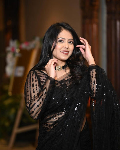 Stunning Black Georgette Sequin Work Cocktail Party Wear Saree