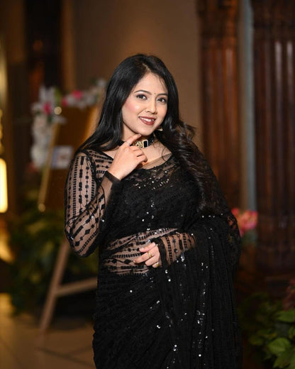 Stunning Black Georgette Sequin Work Cocktail Party Wear Saree