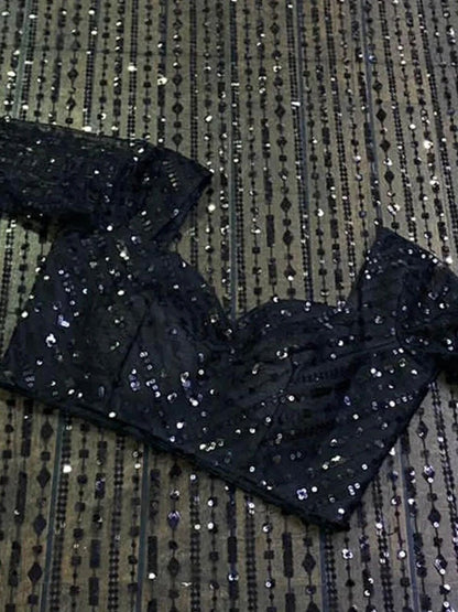 Stunning Black Georgette Sequin Work Cocktail Party Wear Saree