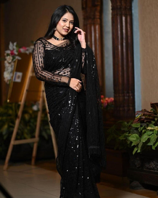 Stunning Black Georgette Sequin Work Cocktail Party Wear Saree