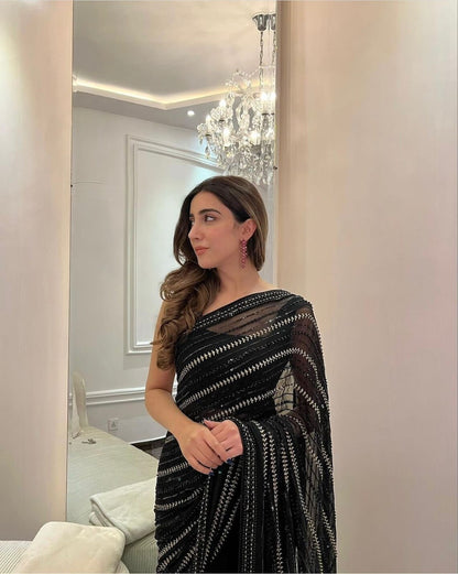 Bollywood Black Saree Georgette Sequence Saree,Bollywood Style Wedding Sangeet Party wear Saree For women