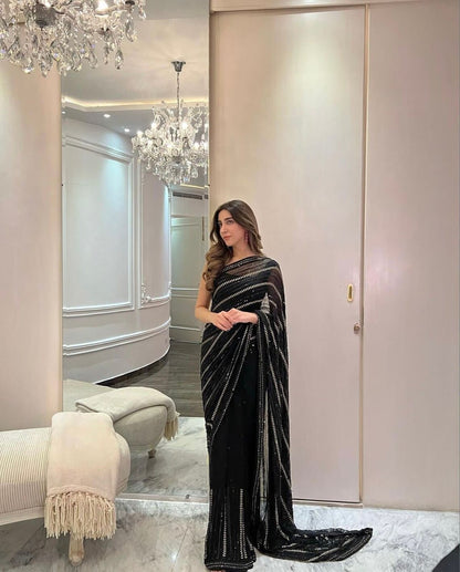 Bollywood Black Saree Georgette Sequence Saree,Bollywood Style Wedding Sangeet Party wear Saree For women