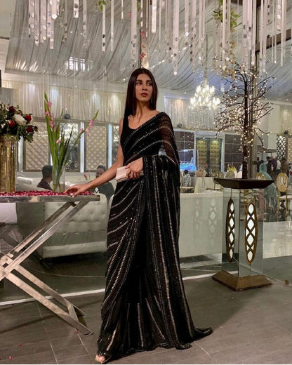 Bollywood Black Saree Georgette Sequence Saree,Bollywood Style Wedding Sangeet Party wear Saree For women