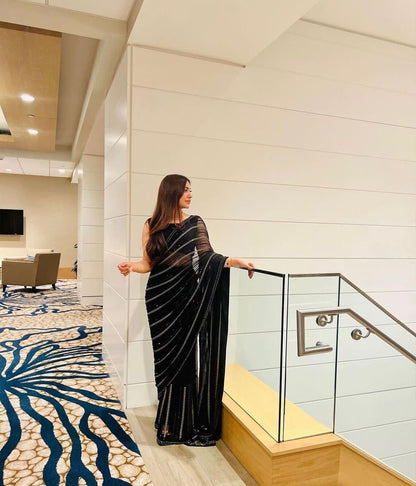 Bollywood Black Saree Georgette Sequence Saree,Bollywood Style Wedding Sangeet Party wear Saree For women
