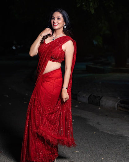 Red Party Wear Sequins Work Saree & Work Blouse Week Special Edition Women Saree