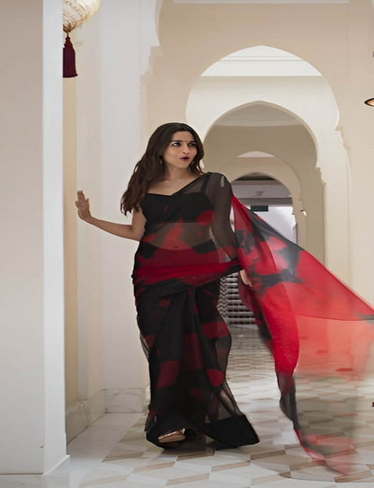 Red& Black Faux Georgette Digital Printed Bollywood Saree For Womens With Beautiful Blouse Piece