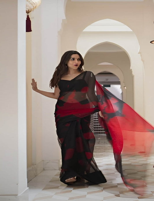 Red& Black Faux Georgette Digital Printed Bollywood Saree For Womens With Beautiful Blouse Piece