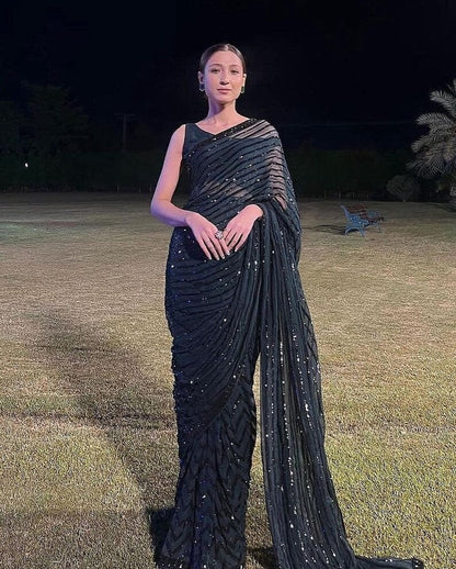 Grey Bollywood Celebrity Style Designer Sequence Lace Border Saree Indian Wedding Beautiful Saree Customize Silk Blouse With Ready To Wear Saree