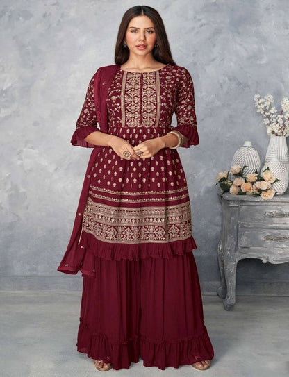 WOMEN'S MAROON COLOR FAUX GEORGETTE EMBROIDERED READYMADE KURTA SHARARA AND DUPATTA SET (FULL STITCHED )