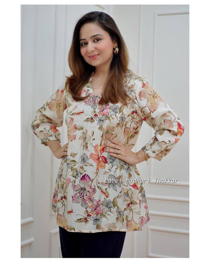 FLORAL MUSLIN  STYLISH TUNIC SHORT KURTA FOR GIRLS AND WOMEN WESTERN TOPS