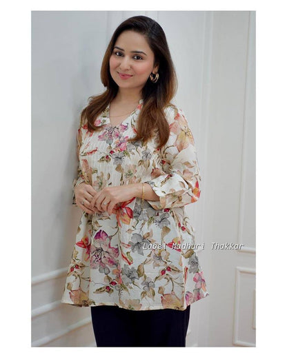 FLORAL MUSLIN  STYLISH TUNIC SHORT KURTA FOR GIRLS AND WOMEN WESTERN TOPS